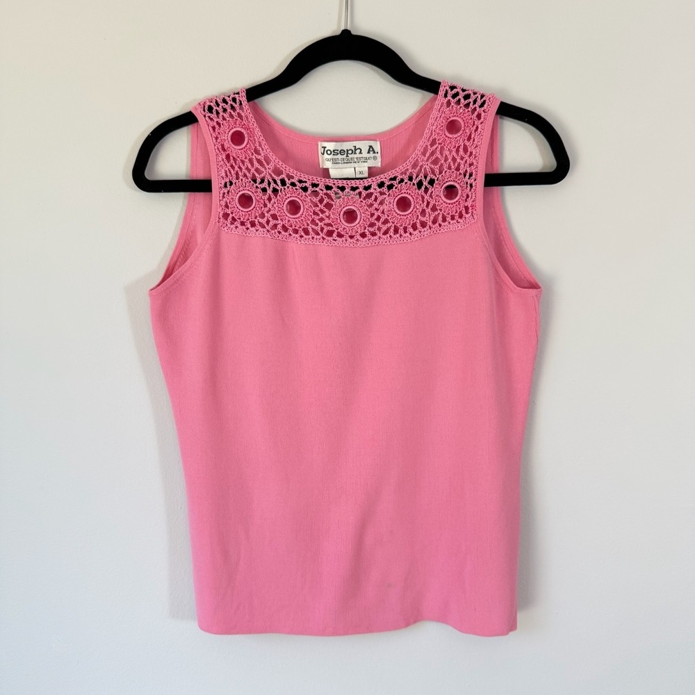 Vtg Pink Crochet Lace Tank Top Sleeveless Knit Boho Cottagecore‎ 90s 2000s L/XL